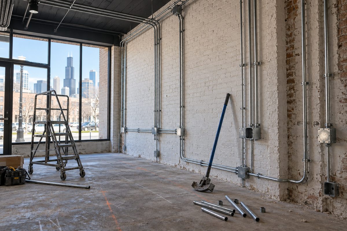Exposed EMT conduit bent along a brick wall in a commercial build-out with a hand bender on a ladder