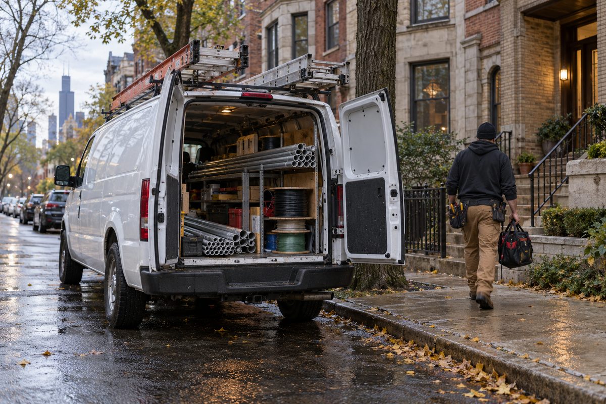 Electric Services Home work van parked at the curb outside a Chicago job, loaded with wire and conduit