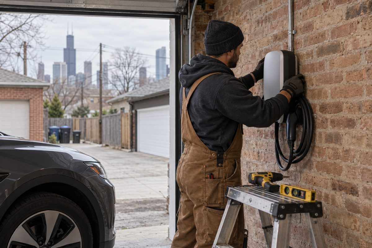 Level 2 EV charger mounted on a brick garage wall with its dedicated circuit run in metal conduit