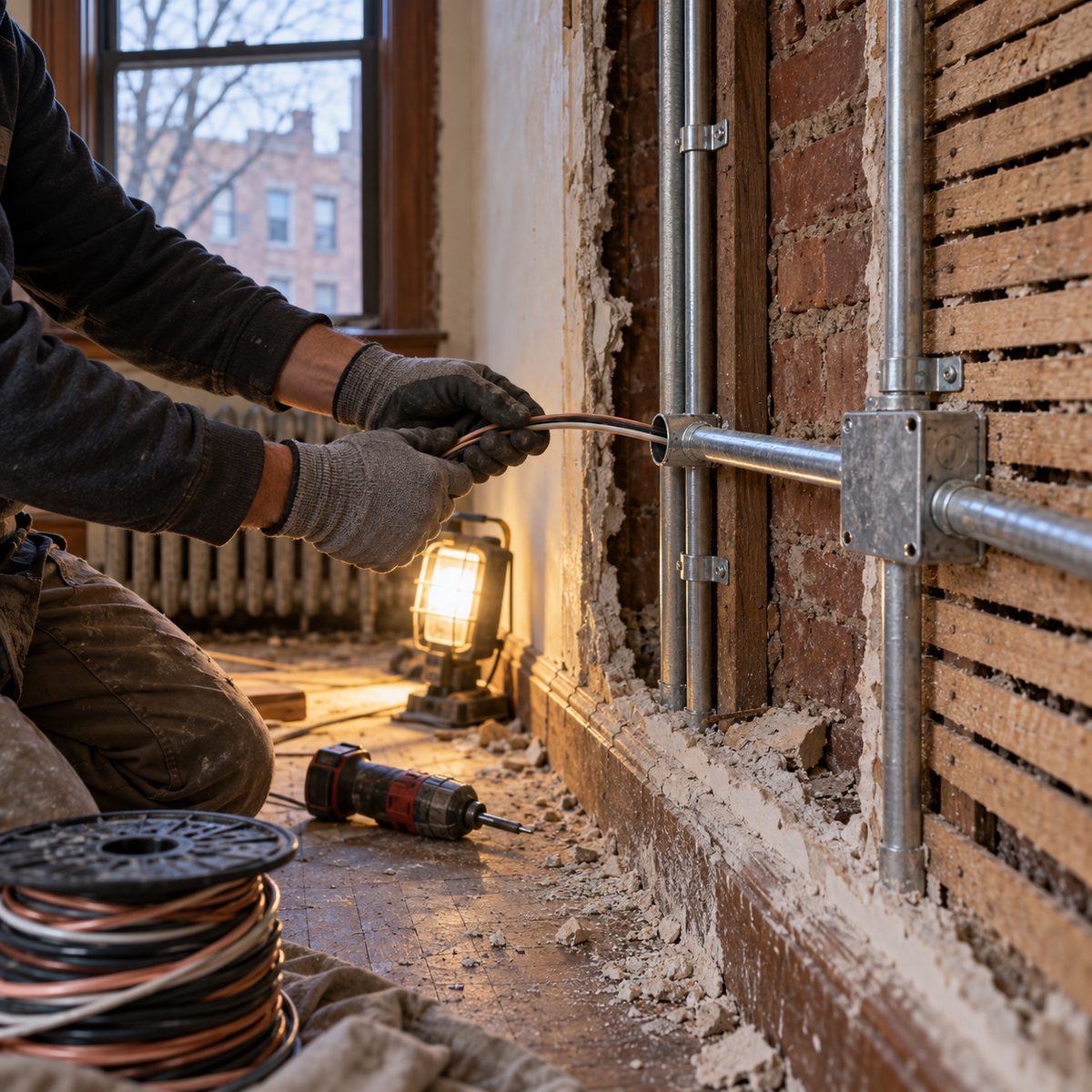 Opened wall during electrical rough-in, new metal boxes and conduit set between the studs