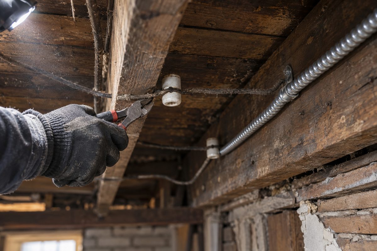 Original knob-and-tube wiring on ceramic knobs in a joist bay, opened up for a conduit rewire
