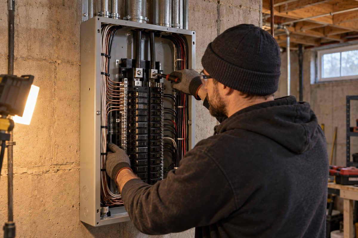 New 200 amp panel with breakers being wired in a Chicago basement during a service upgrade