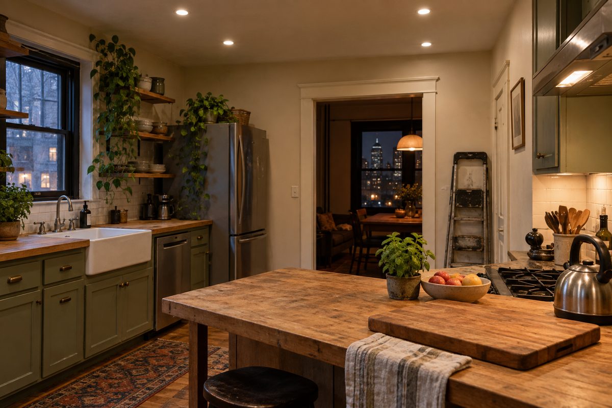 Kitchen ceiling with newly installed recessed LED lights and a step ladder against the wall
