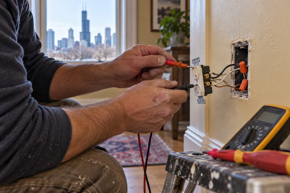 Multimeter probes testing a pulled receptacle in an old metal box during fault-finding
